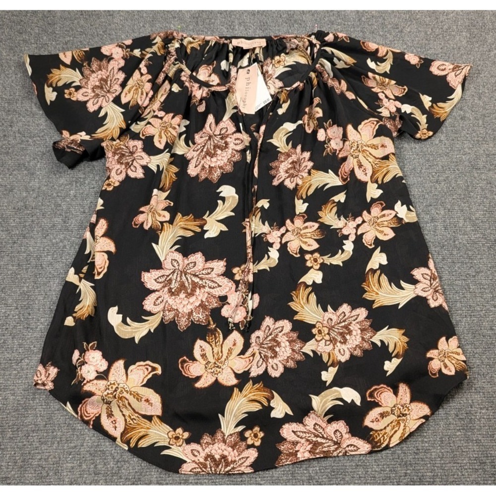 NWT Philosophy Republic Clothing‎ Floral Peasant Blouse Black Pink Women's M